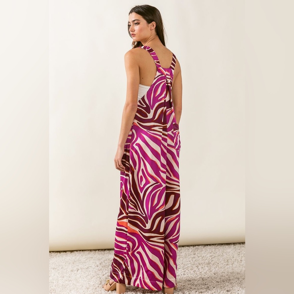 SATIN ZEBRA PRINT WIDE LEG JUMPSUIT BY BiBi. Bohemian style Overall - Picture 9 of 9